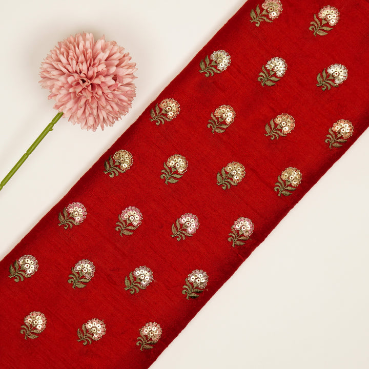 Gulfi Buti on Red Raw Silk Embroidered Fabric