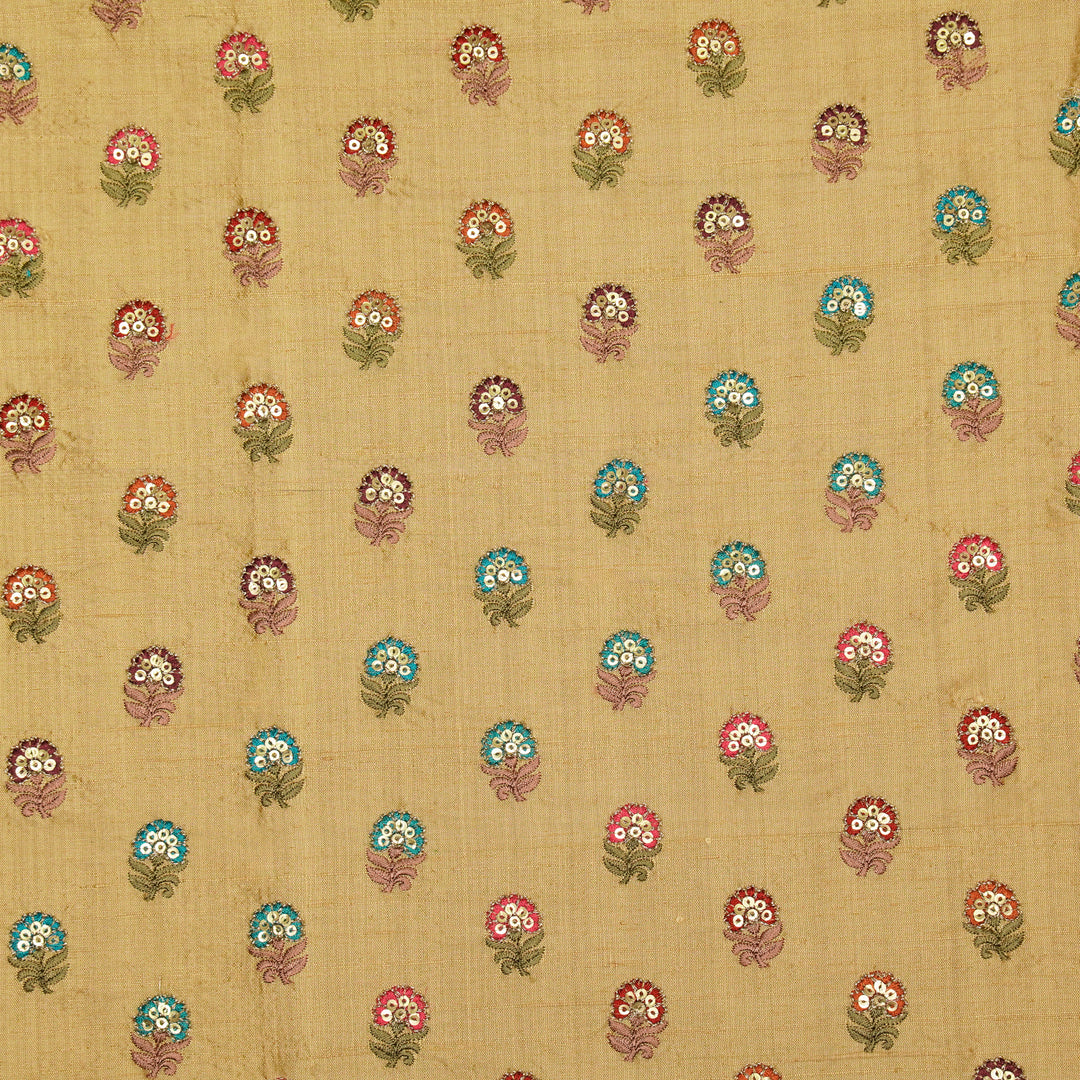 Gulfi Buti on Dark Beige Raw Silk Embroidered Fabric