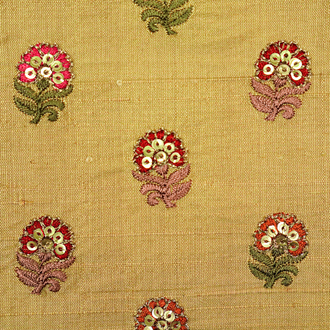Gulfi Buti on Dark Beige Raw Silk Embroidered Fabric