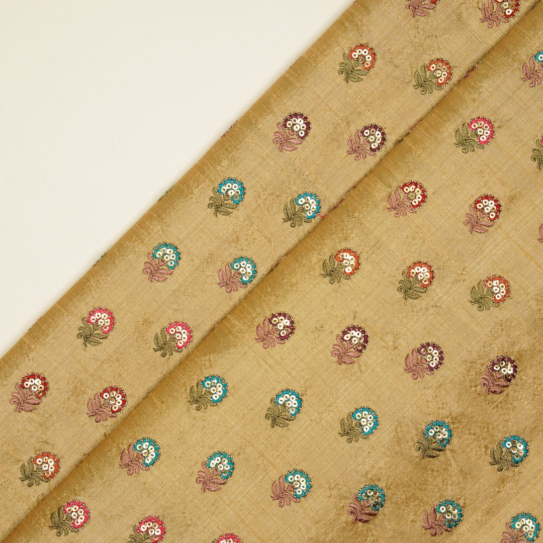 Gulfi Buti on Dark Beige Raw Silk Embroidered Fabric