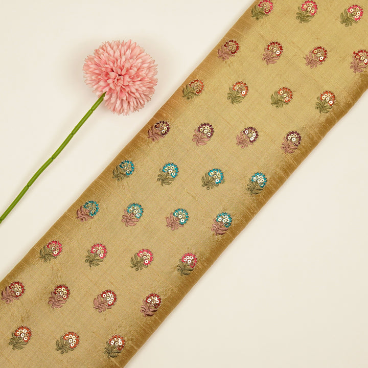 Gulfi Buti on Dark Beige Raw Silk Embroidered Fabric