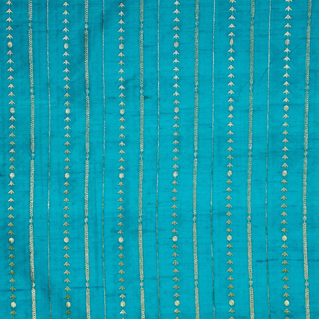 Zavaya Jaal on Peacock Blue Raw Silk Embroidered Fabric