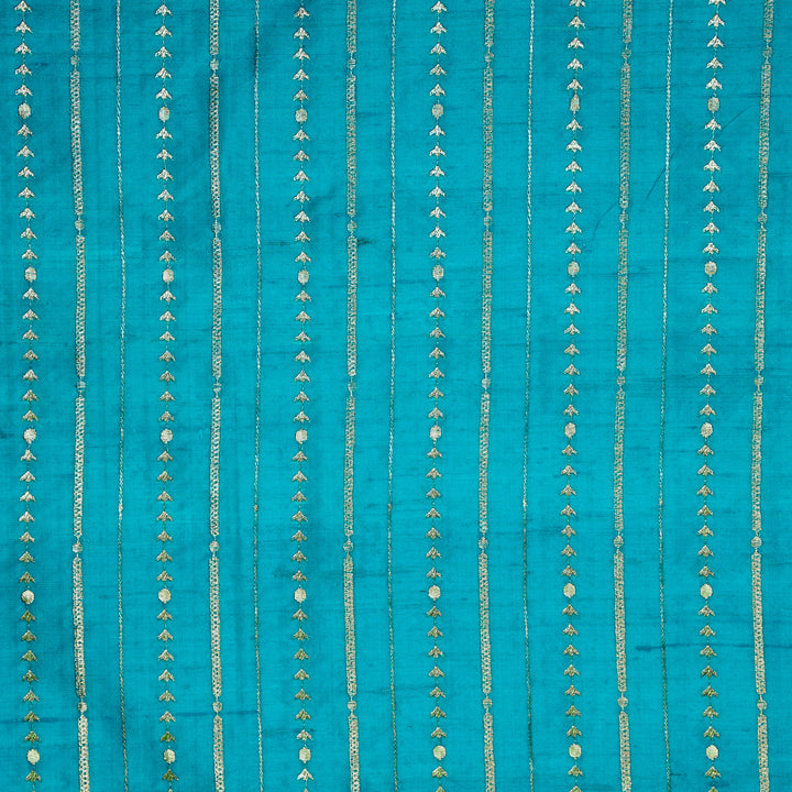 Zavaya Jaal on Peacock Blue Raw Silk Embroidered Fabric