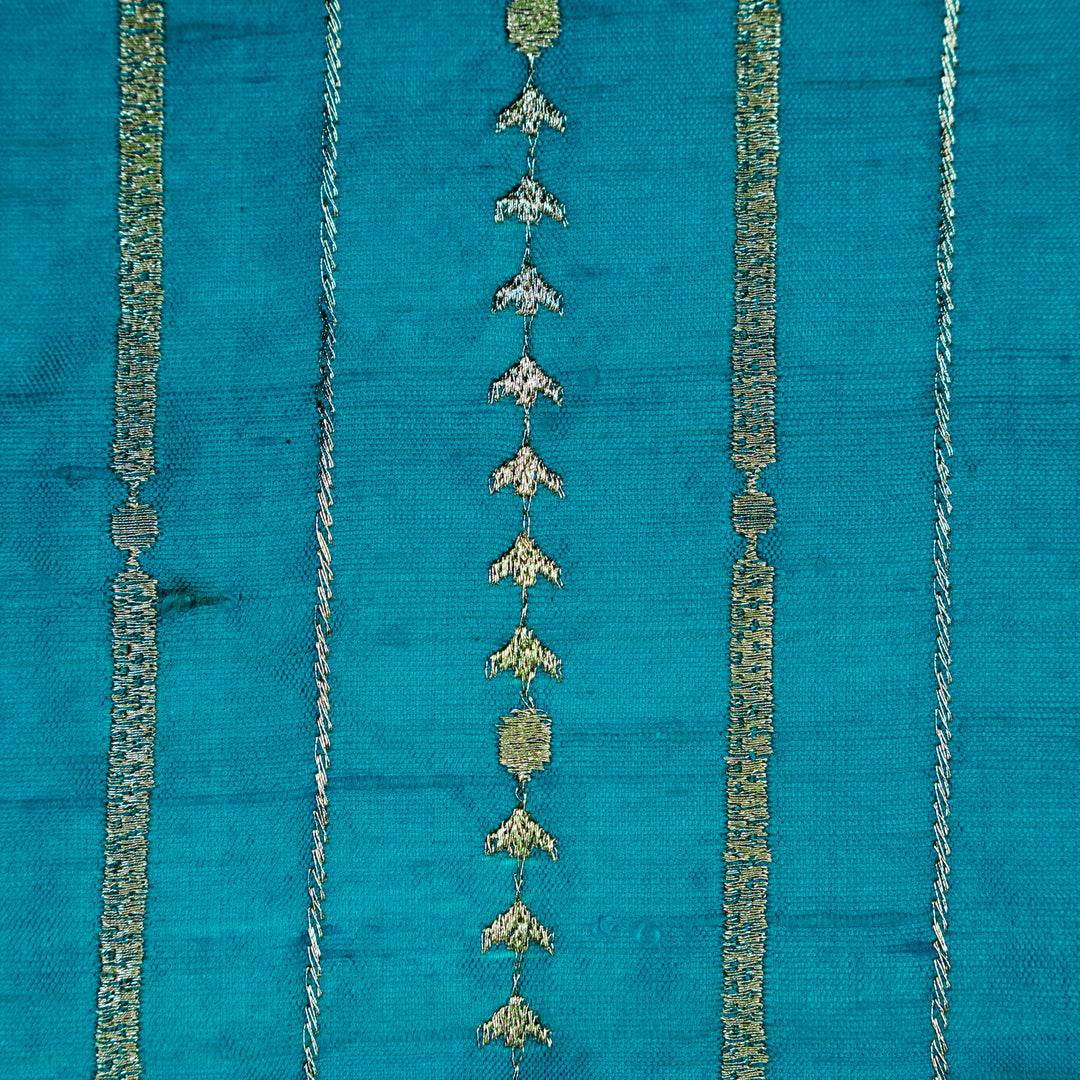 Zavaya Jaal on Peacock Blue Raw Silk Embroidered Fabric
