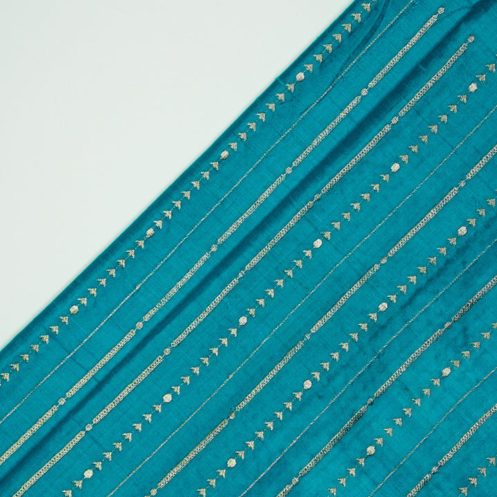 Zavaya Jaal on Peacock Blue Raw Silk Embroidered Fabric