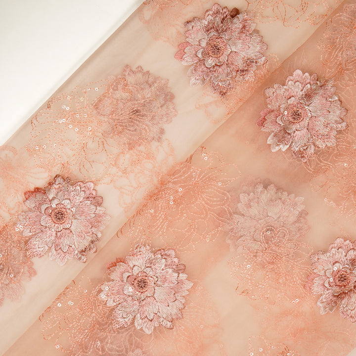 Sanoja Buta on Peach Silk Organza Embroidered Fabric