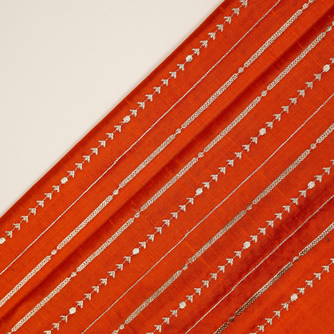 Zavaya Jaal on Rust Raw Silk Embroidered Fabric