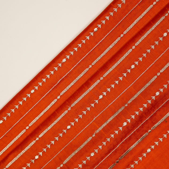 Zavaya Jaal on Rust Raw Silk Embroidered Fabric