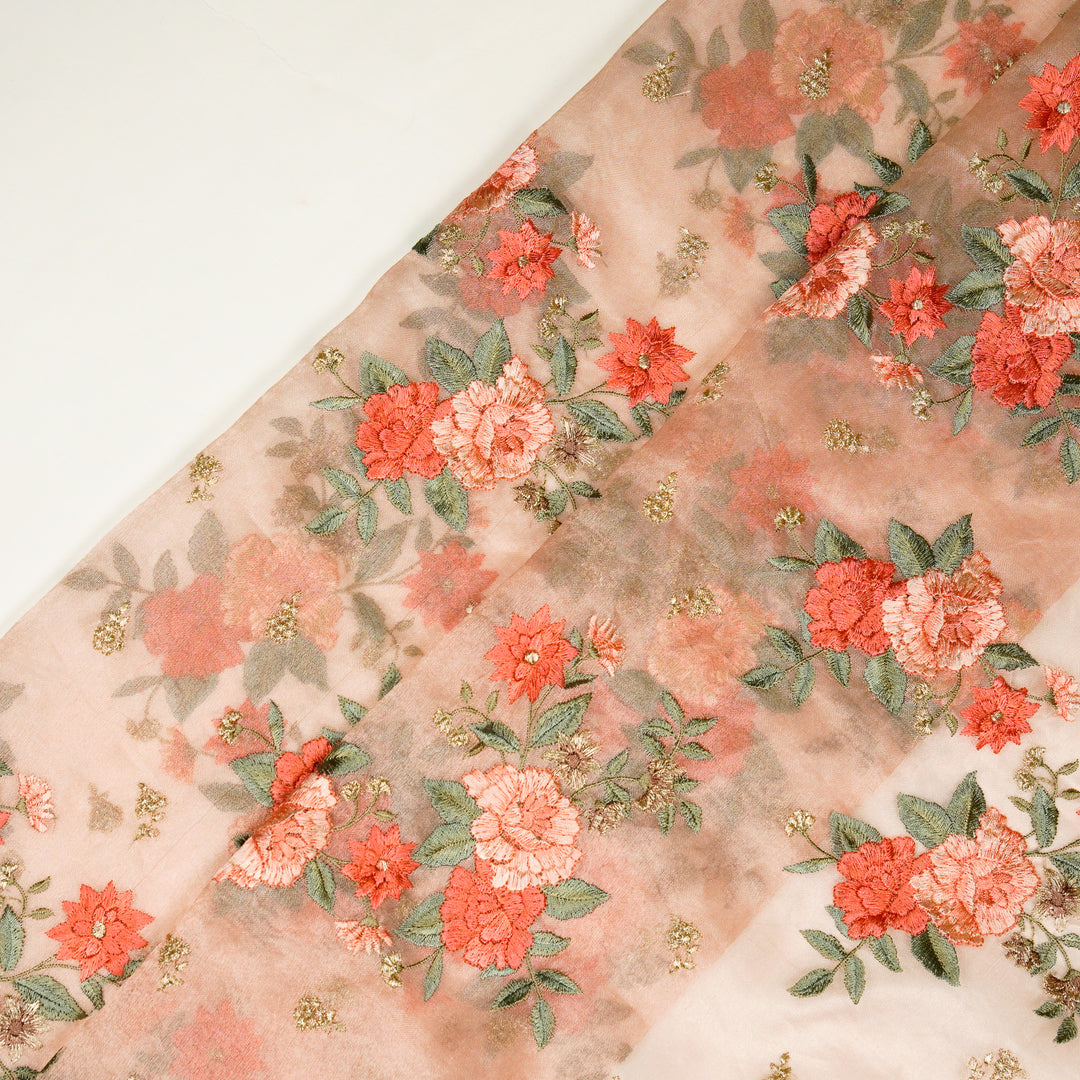 Anisa Floral Butas on Light Peach Pure Silk Tissue Embroidered Fabric