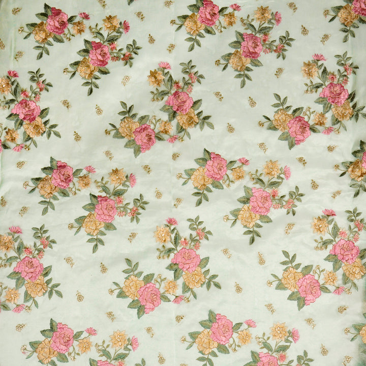 Anisa Floral Butas on Sea Green Pure Silk Tissue Embroidered Fabric