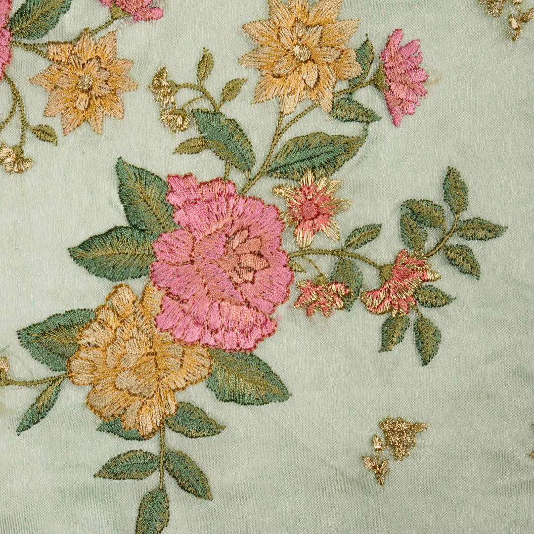 Anisa Floral Butas on Sea Green Pure Silk Tissue Embroidered Fabric