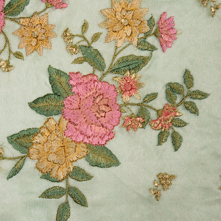 Anisa Floral Butas on Sea Green Pure Silk Tissue Embroidered Fabric