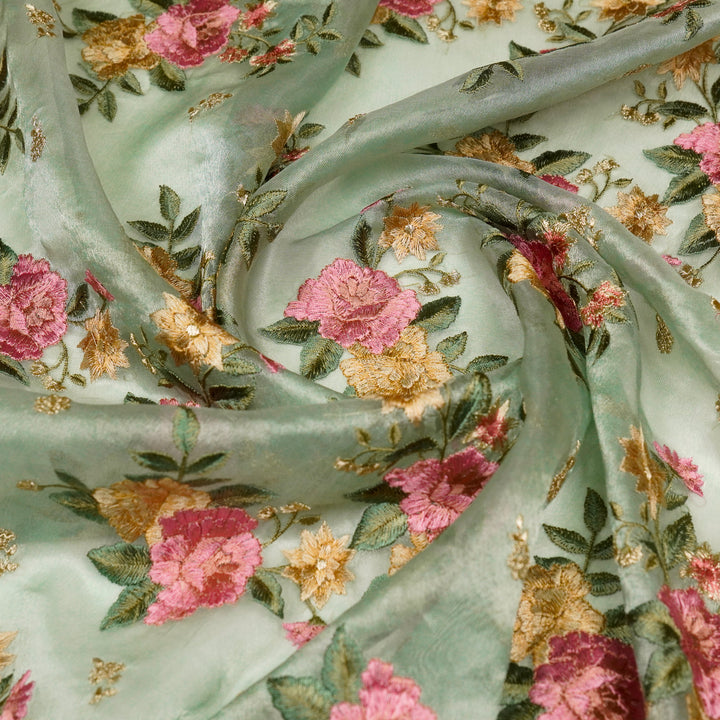 Anisa Floral Butas on Sea Green Pure Silk Tissue Embroidered Fabric