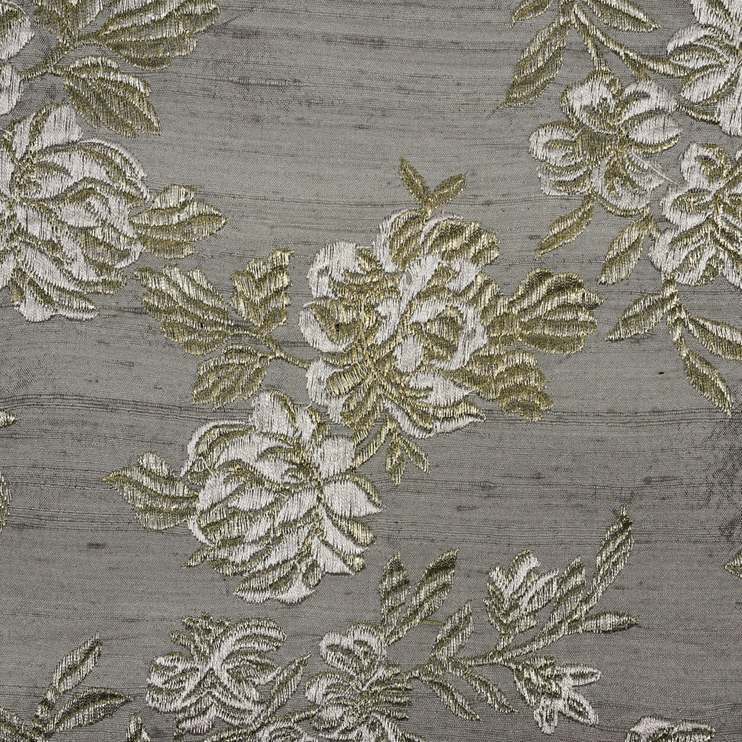 Taruja Jaal on Steel Grey Raw Silk Embroidered Fabric