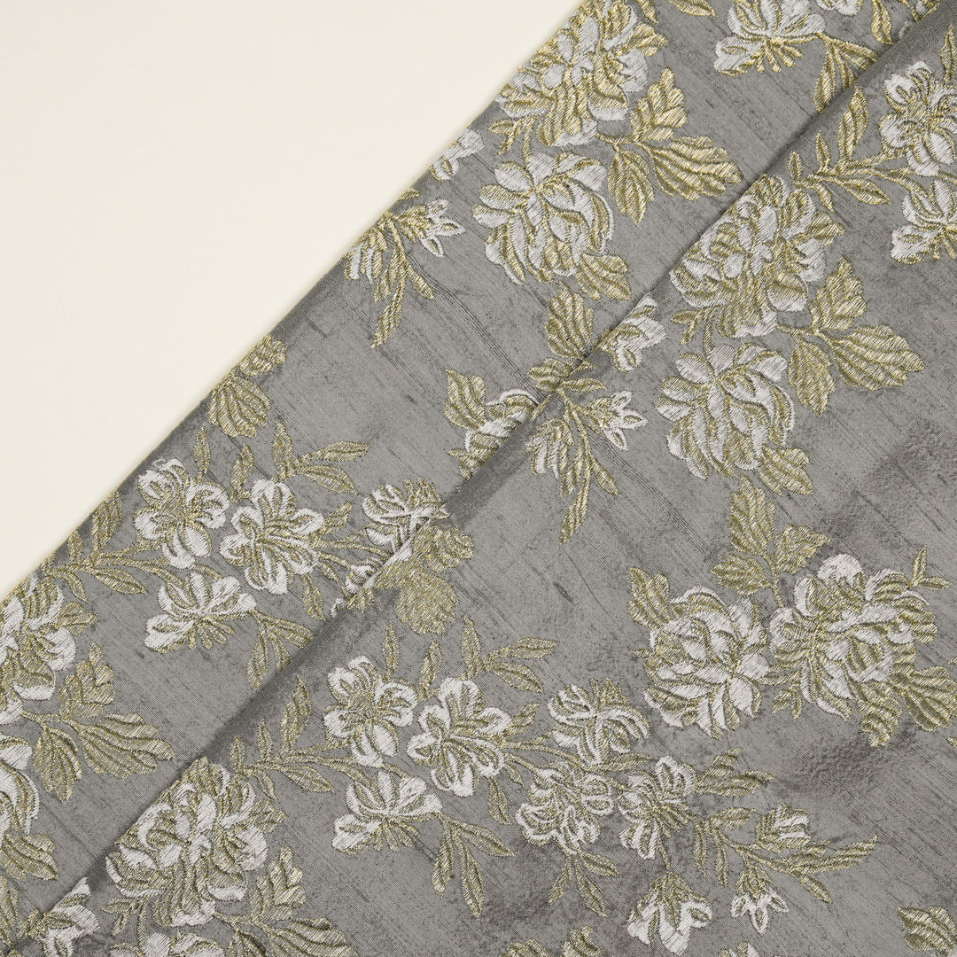 Taruja Jaal on Steel Grey Raw Silk Embroidered Fabric