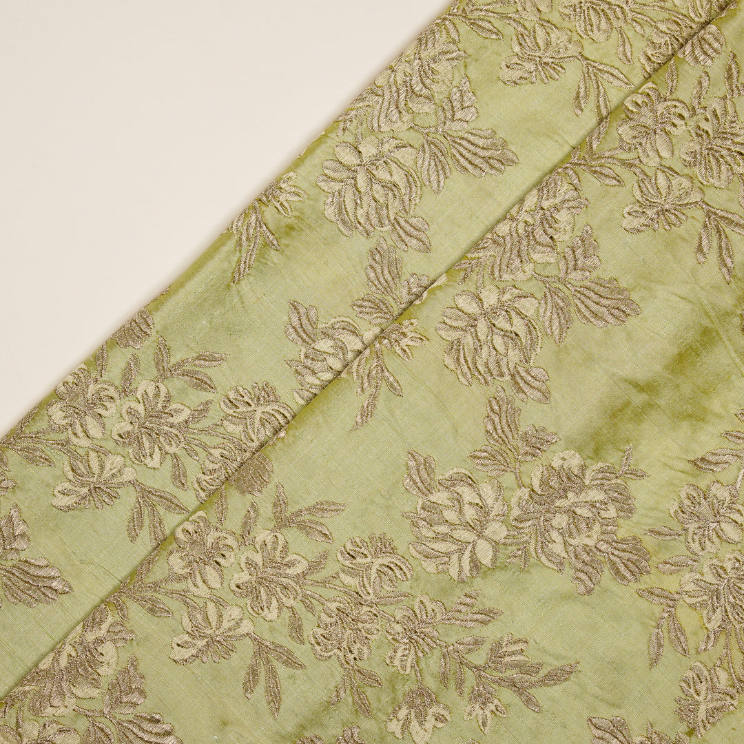 Taruja Jaal on Lemon Raw Silk Embroidered Fabric