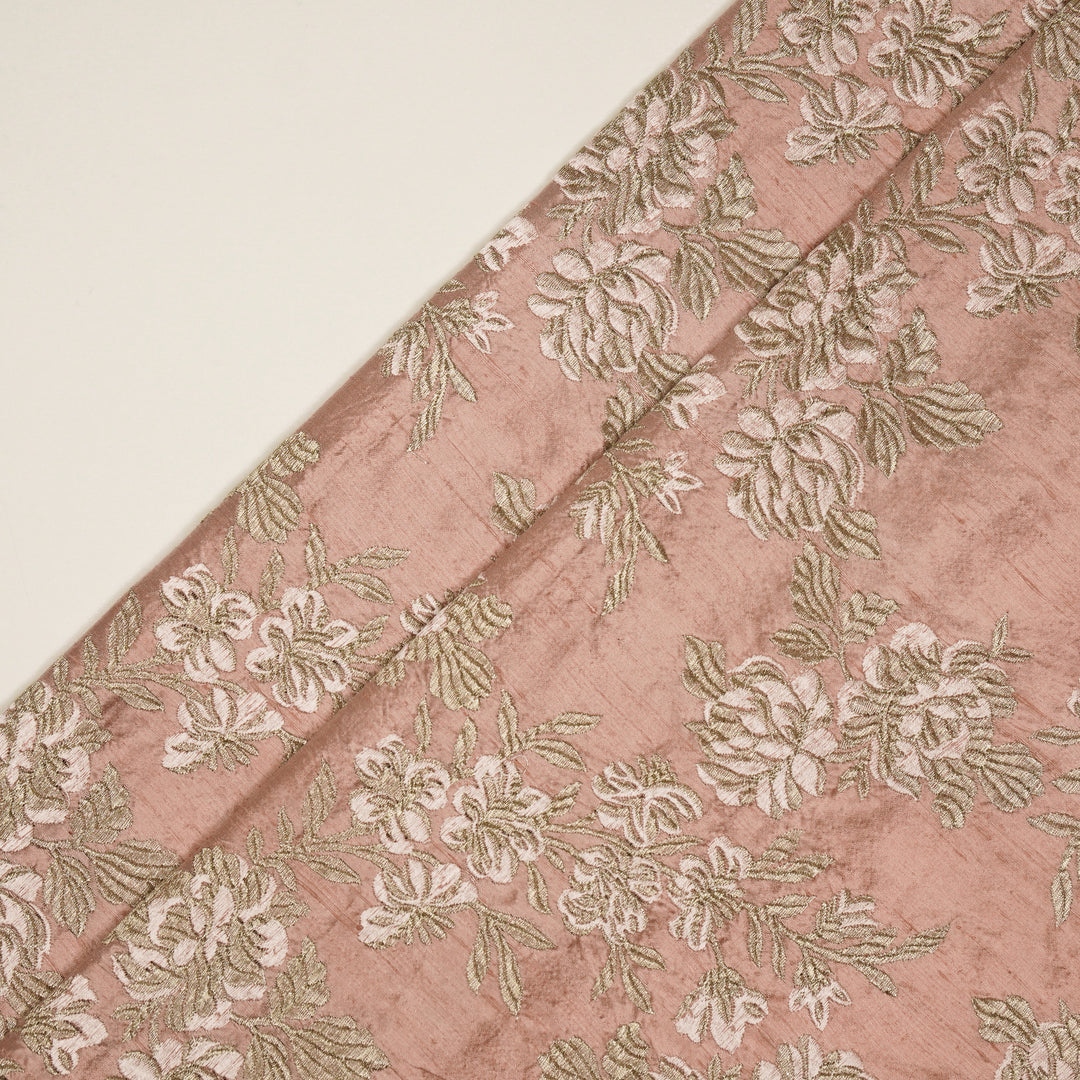 Taruja Jaal on Onion Pink Raw Silk Embroidered Fabric