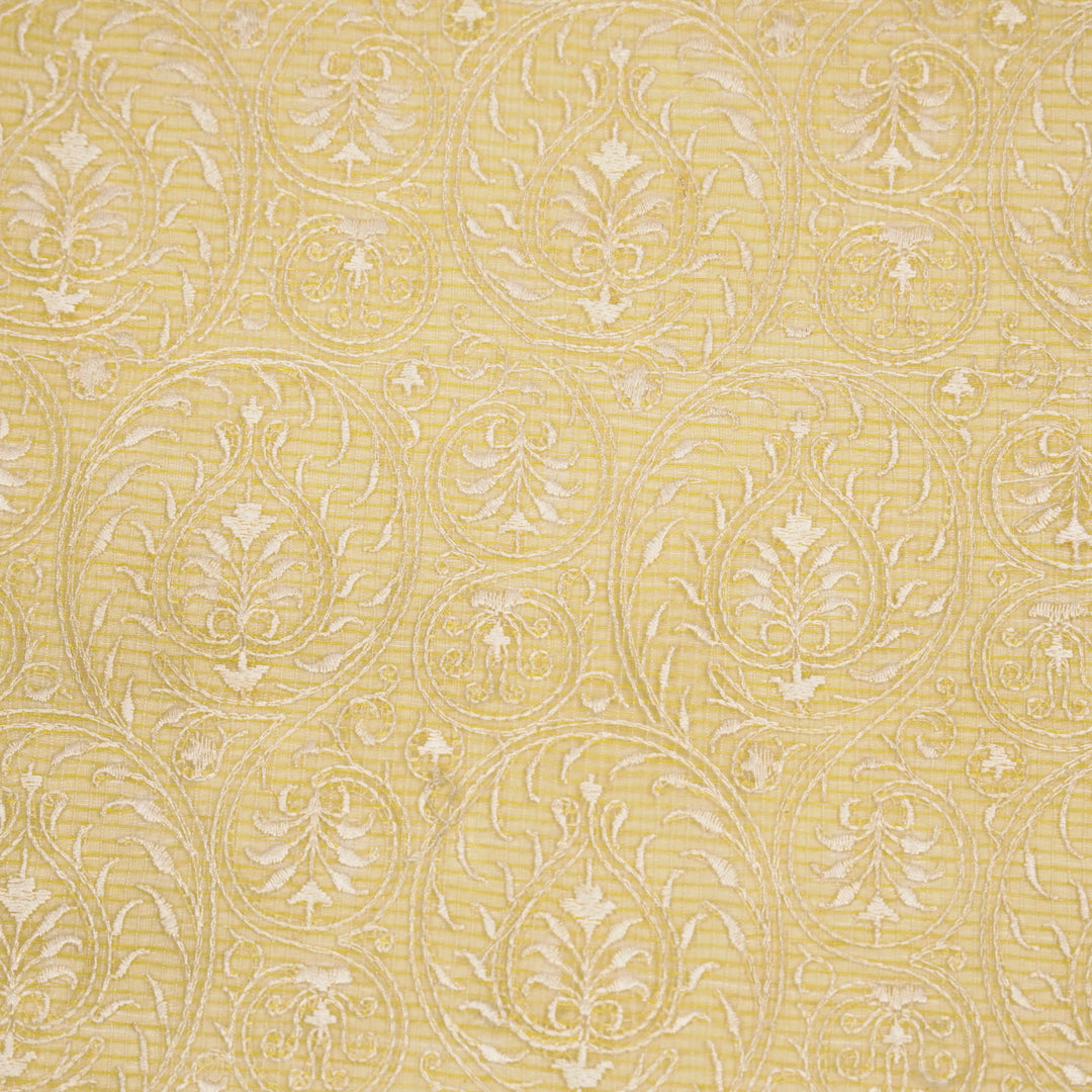 Shreenika Jaal on Light Lemon Munga Kota Embroidered Fabric