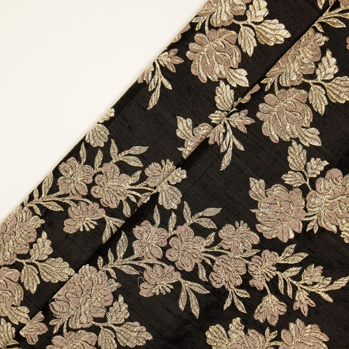Taruja Jaal on Black Raw Silk Embroidered Fabric