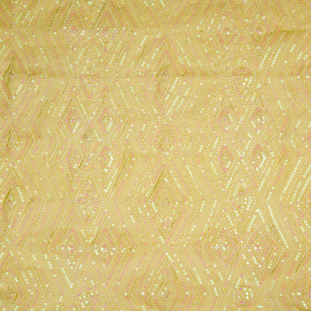 Aaima Sequins Jaal on Yellow Cotton Silk Embroidered Fabric