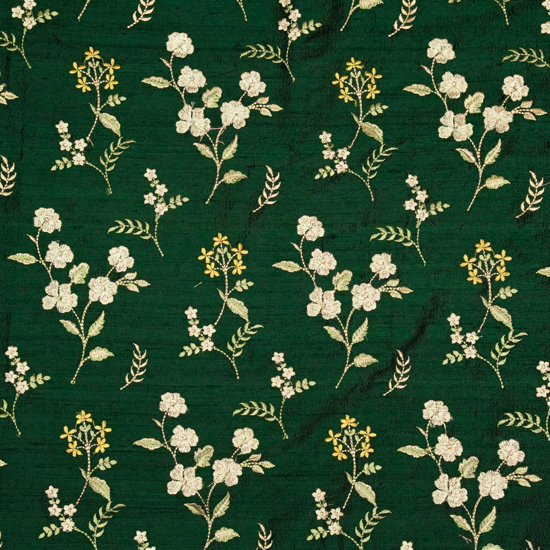Nura Buta on Bottle Green Raw Silk Embroidered Fabric