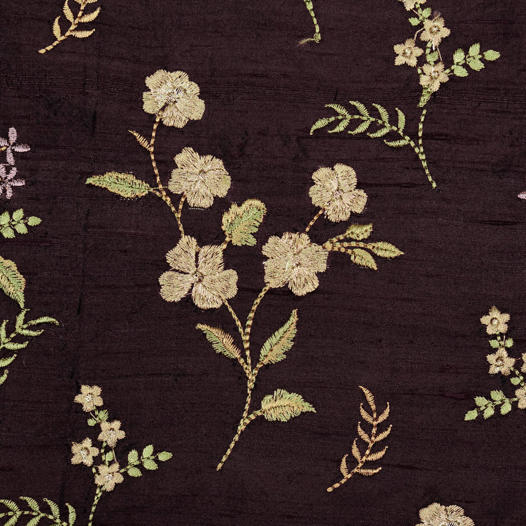 Nura Buta on Dark Aubergine Raw Silk Embroidered Fabric