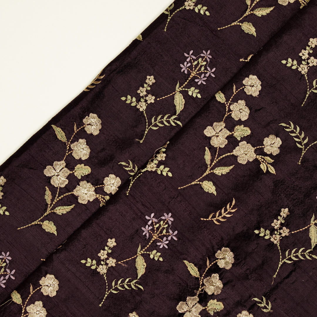 Nura Buta on Dark Aubergine Raw Silk Embroidered Fabric