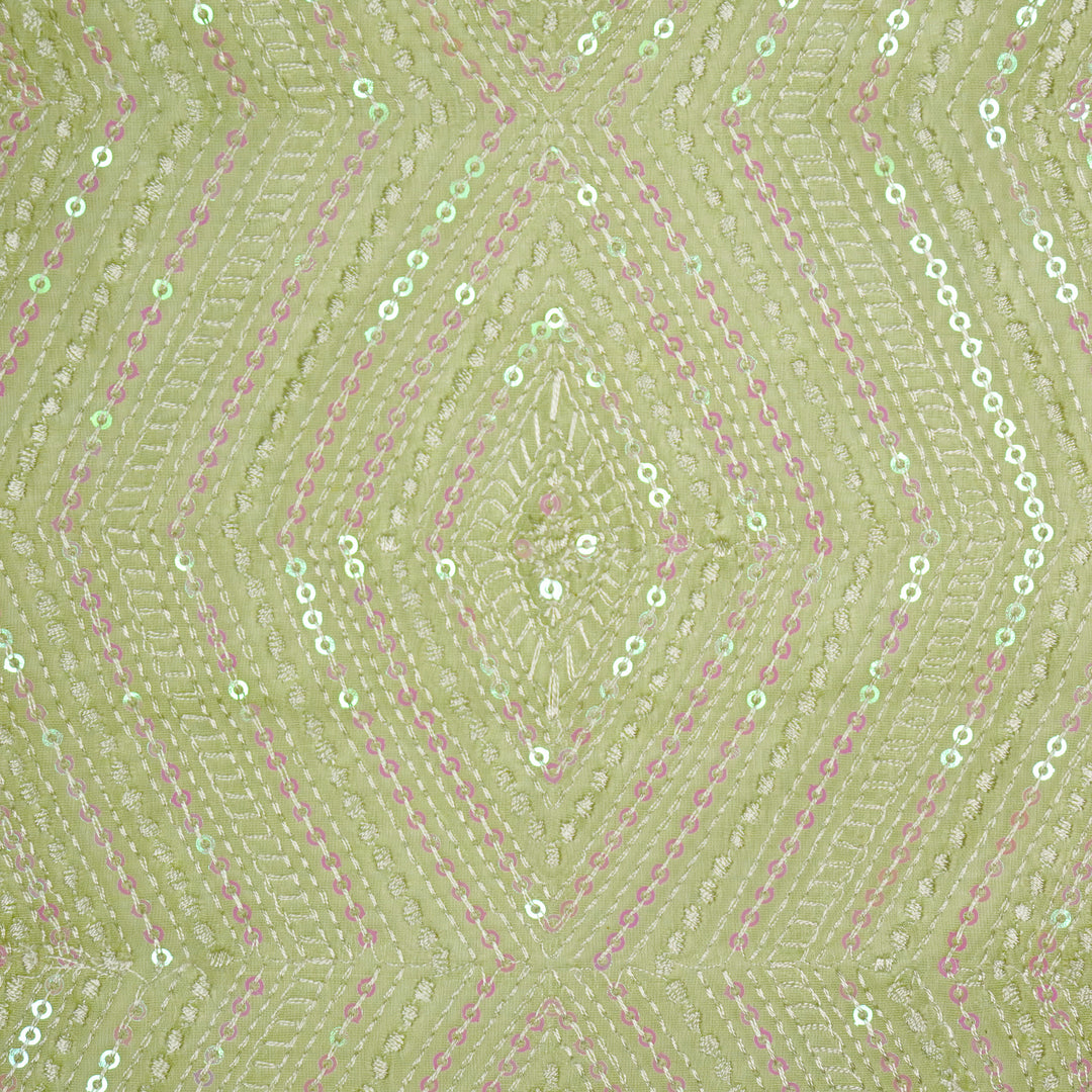 Aaima Sequins Jaal on Pista Green Cotton Silk Embroidered Fabric