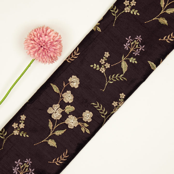 Nura Buta on Dark Aubergine Raw Silk Embroidered Fabric
