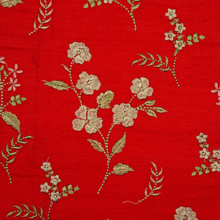 Nura Buta on Red Raw Silk Embroidered Fabric