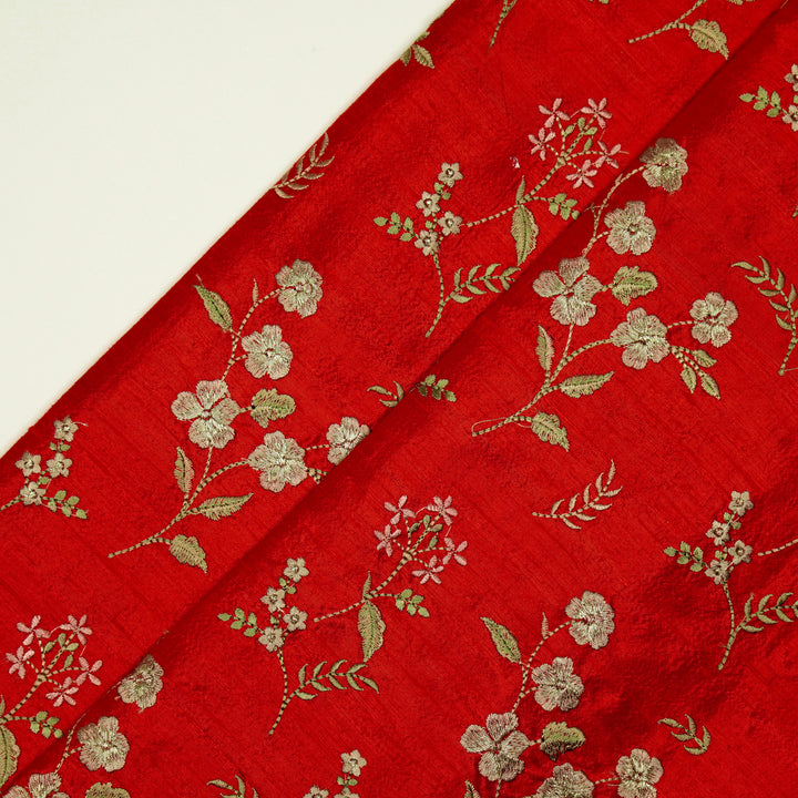 Nura Buta on Red Raw Silk Embroidered Fabric