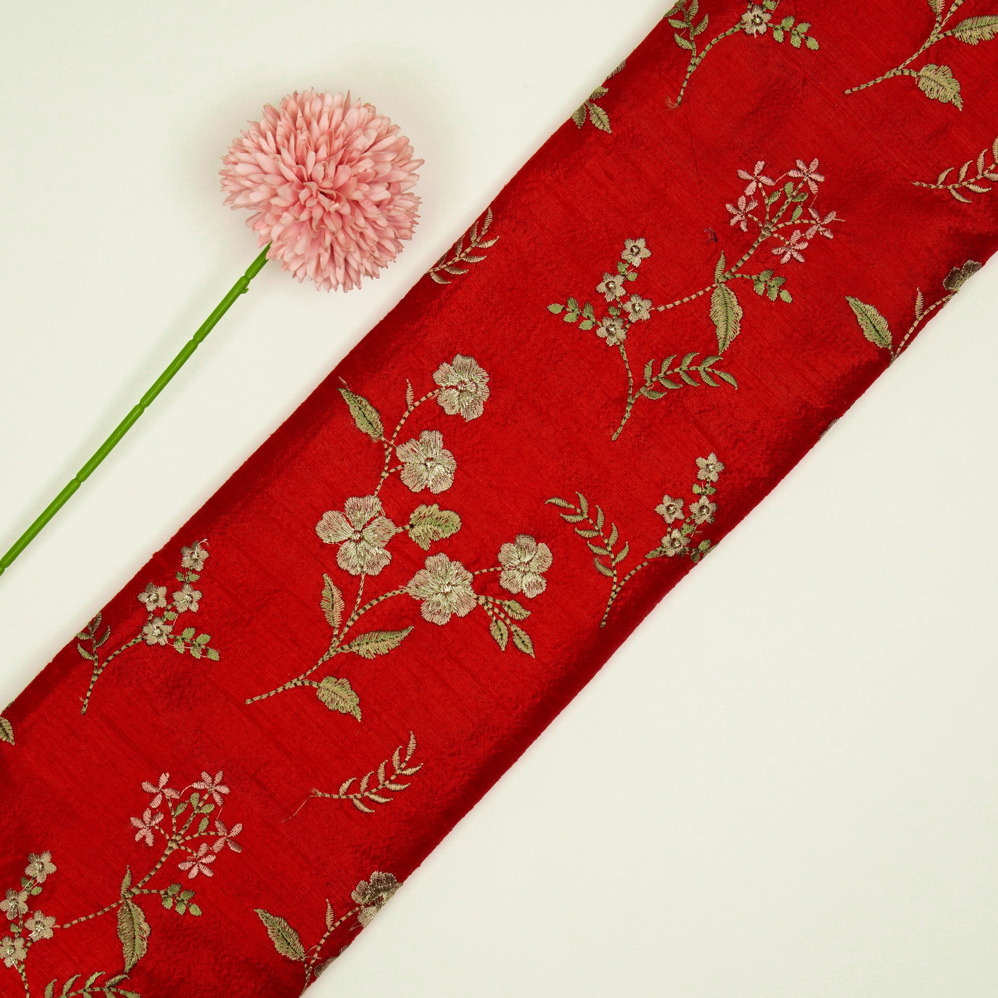 Nura Buta on Red Raw Silk Embroidered Fabric – Zarinama