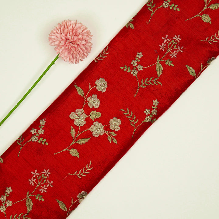 Nura Buta on Red Raw Silk Embroidered Fabric