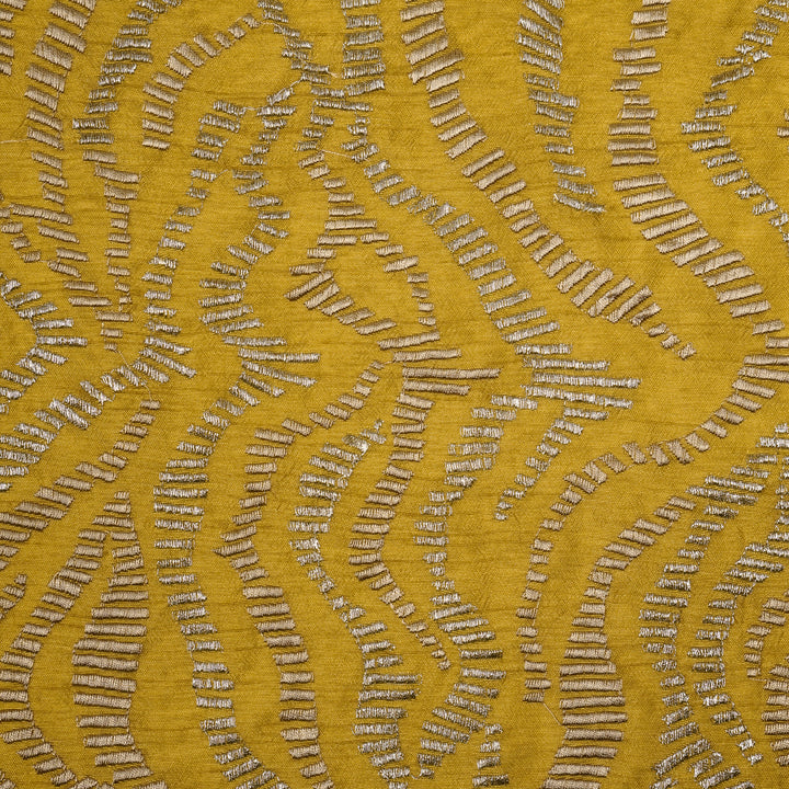 Lehar Jaal on Gold Semi Raw Silk Embroidered Fabric