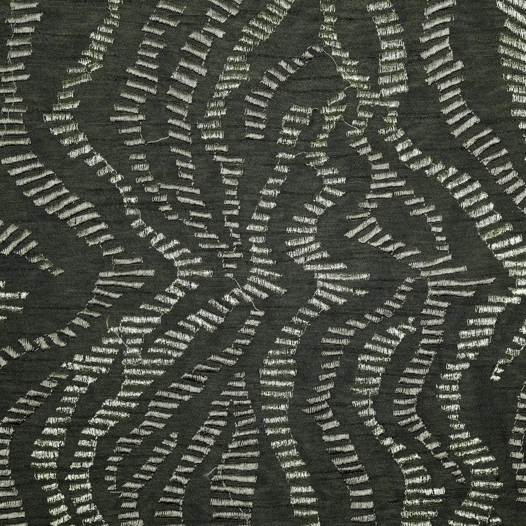 Lehar Jaal on Charcoal Semi Raw Silk Embroidered Fabric