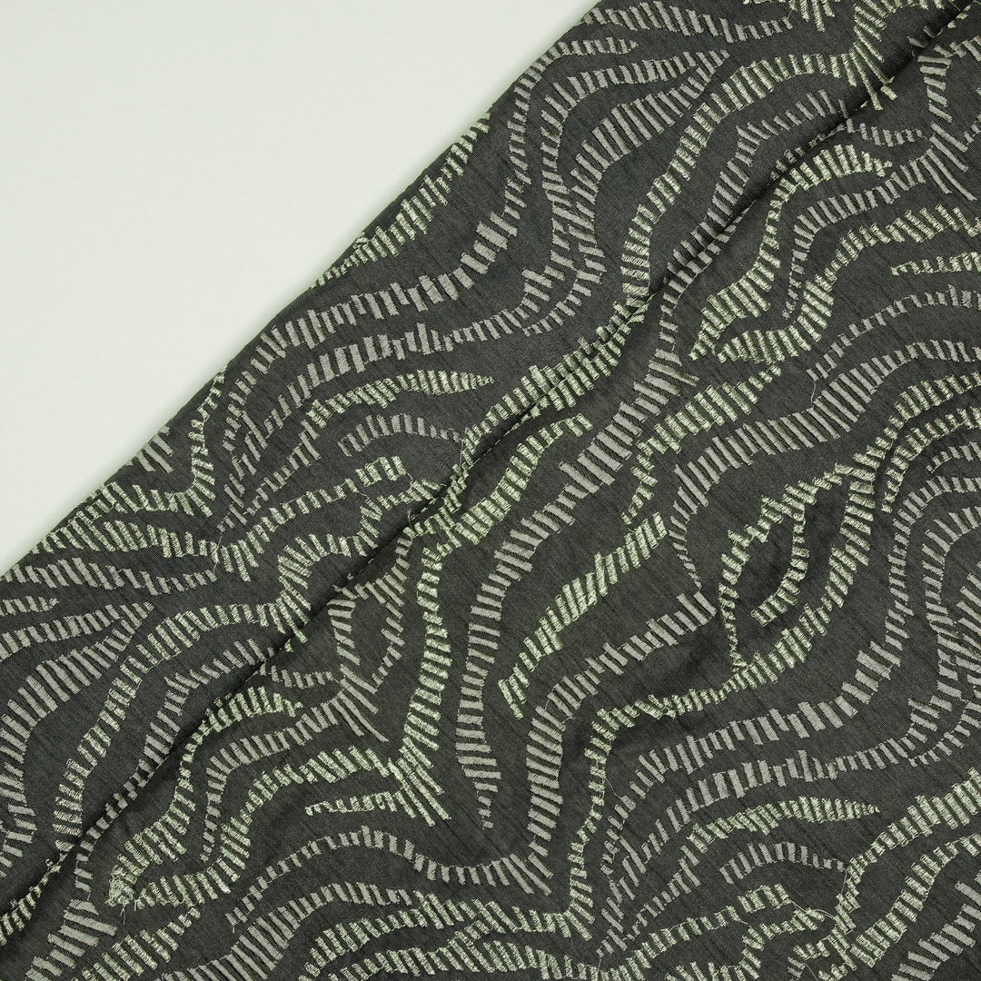 Lehar Jaal on Charcoal Semi Raw Silk Embroidered Fabric