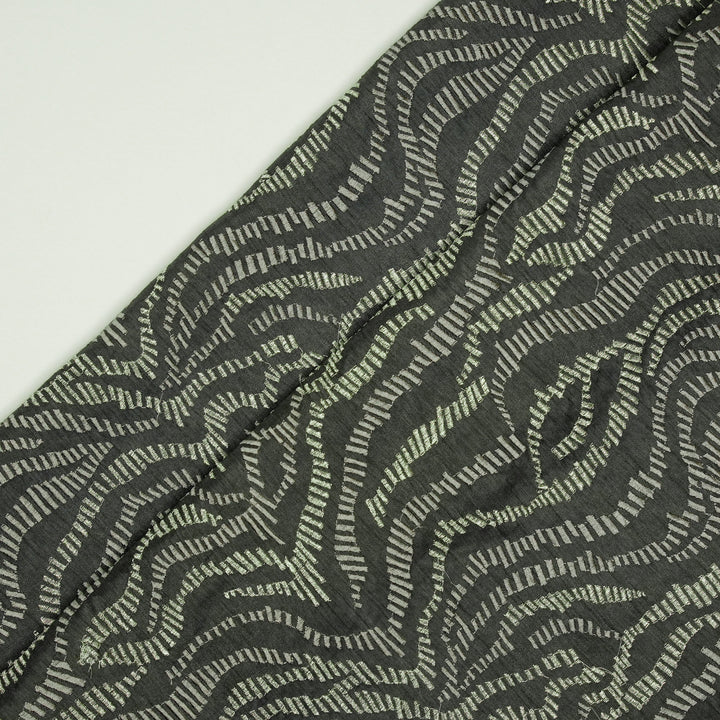 Lehar Jaal on Charcoal Semi Raw Silk Embroidered Fabric