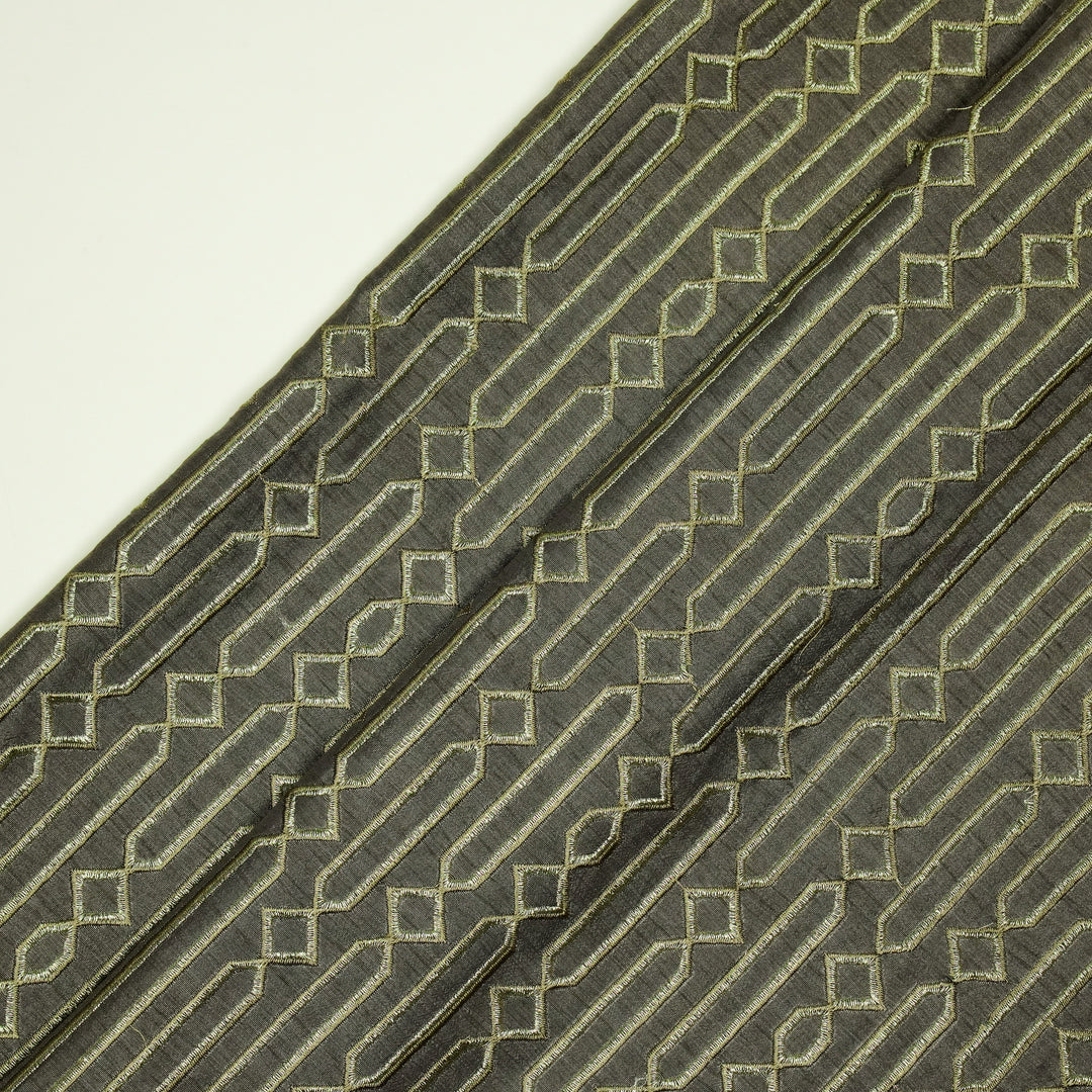 Tanira Jaal on Charcoal Semi Raw Silk Embroidered Fabric