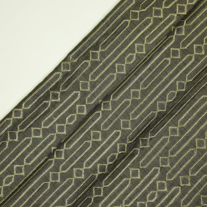 Tanira Jaal on Charcoal Semi Raw Silk Embroidered Fabric