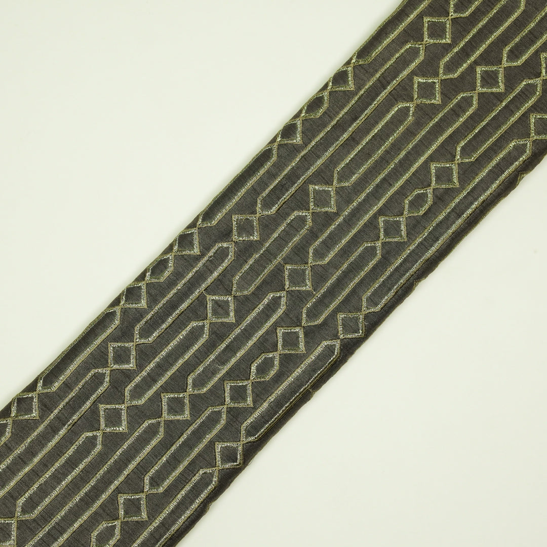 Tanira Jaal on Charcoal Semi Raw Silk Embroidered Fabric