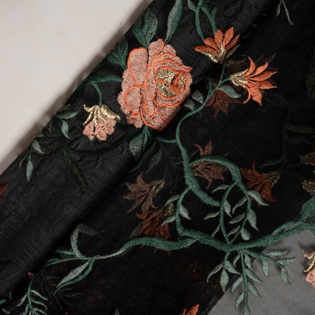 Black Silk Organza Nitara Floral Jaal Embroidered Fabric