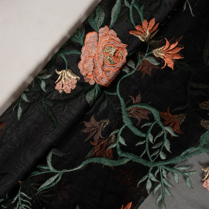 Black Silk Organza Nitara Floral Jaal Embroidered Fabric