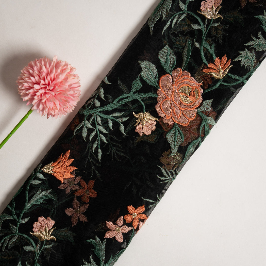 Black Silk Organza Nitara Floral Jaal Embroidered Fabric
