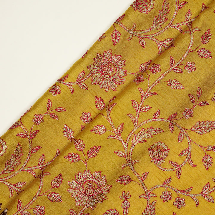 Vrita Jaal on Gold Semi Raw Silk Embroidered Fabric