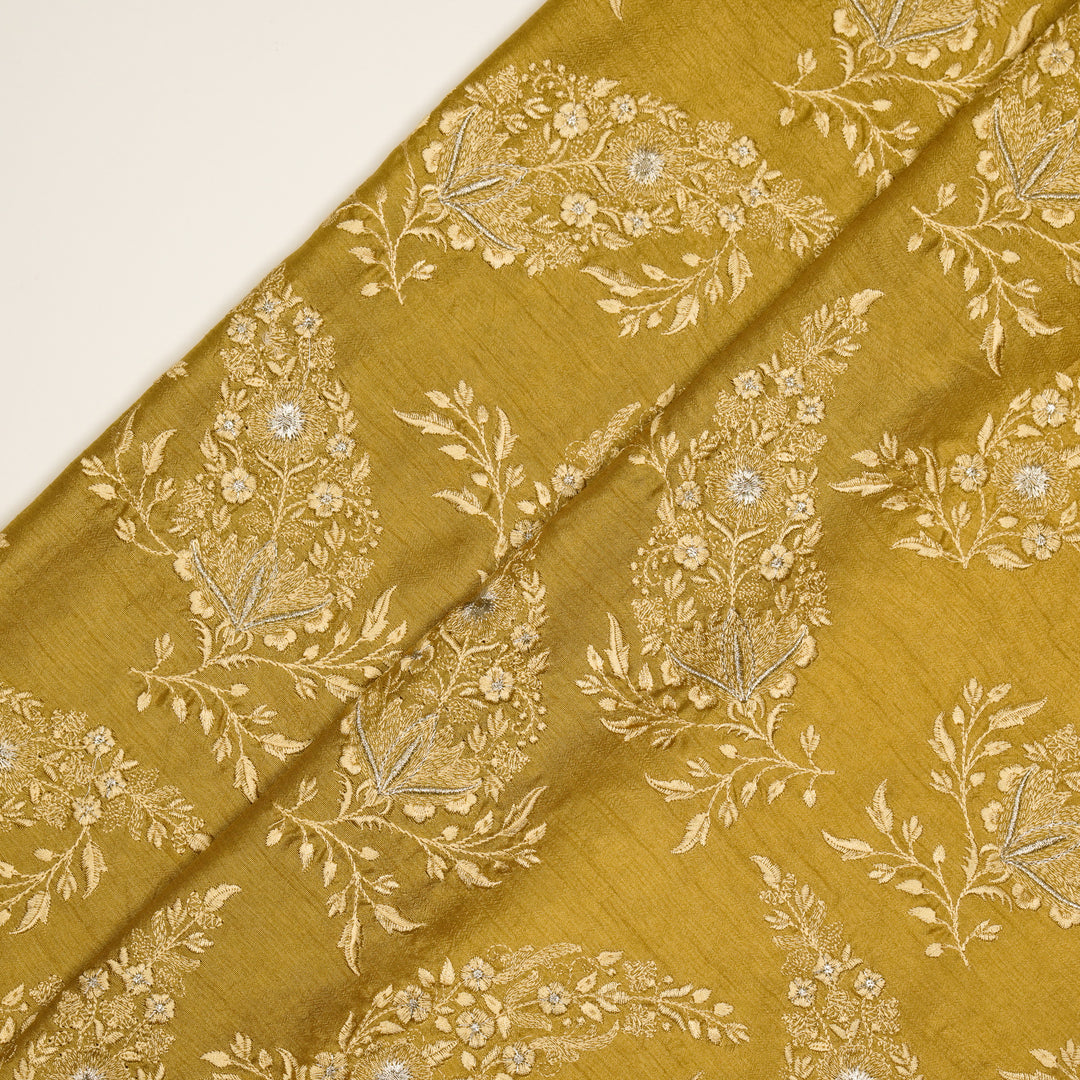 Zohra Buta on Gold Semi Raw Silk Embroidered Fabric