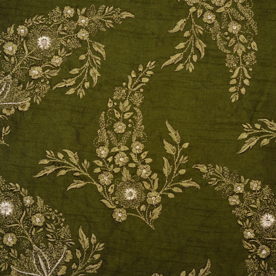 Zohra Buta on Olive Semi Raw Silk Embroidered Fabric
