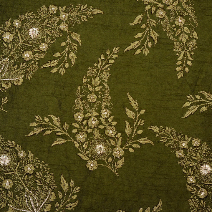 Zohra Buta on Olive Semi Raw Silk Embroidered Fabric
