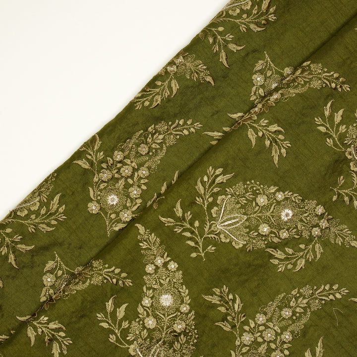 Zohra Buta on Olive Semi Raw Silk Embroidered Fabric