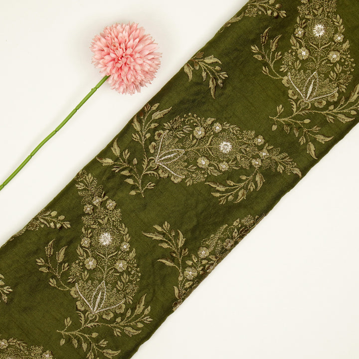 Zohra Buta on Olive Semi Raw Silk Embroidered Fabric