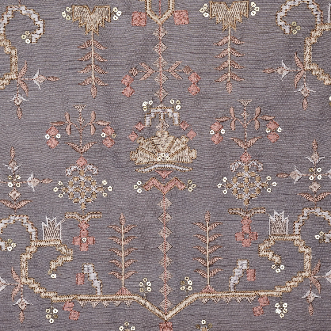 ilaaya Jaal on Light Mauve Semi Raw Silk Embroidered Fabric